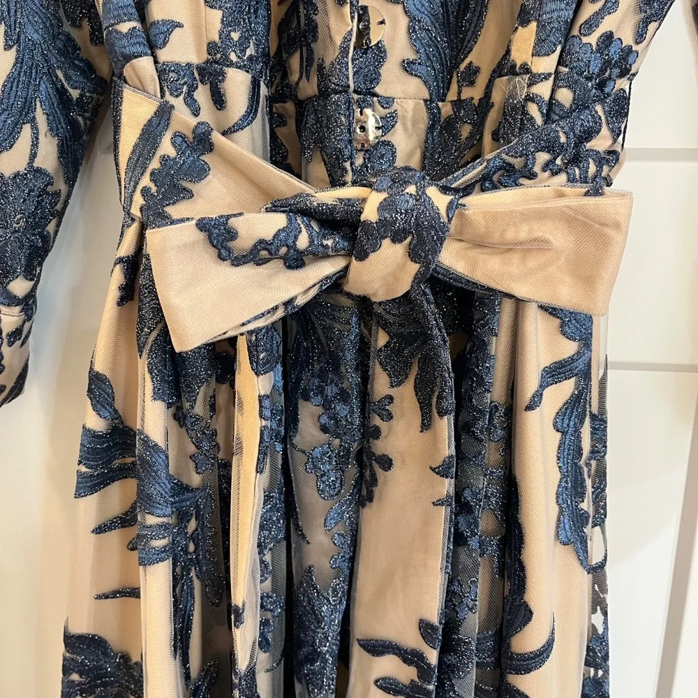 Jovani Beige and Navy Floral Long Dress - Picture 3 of 8